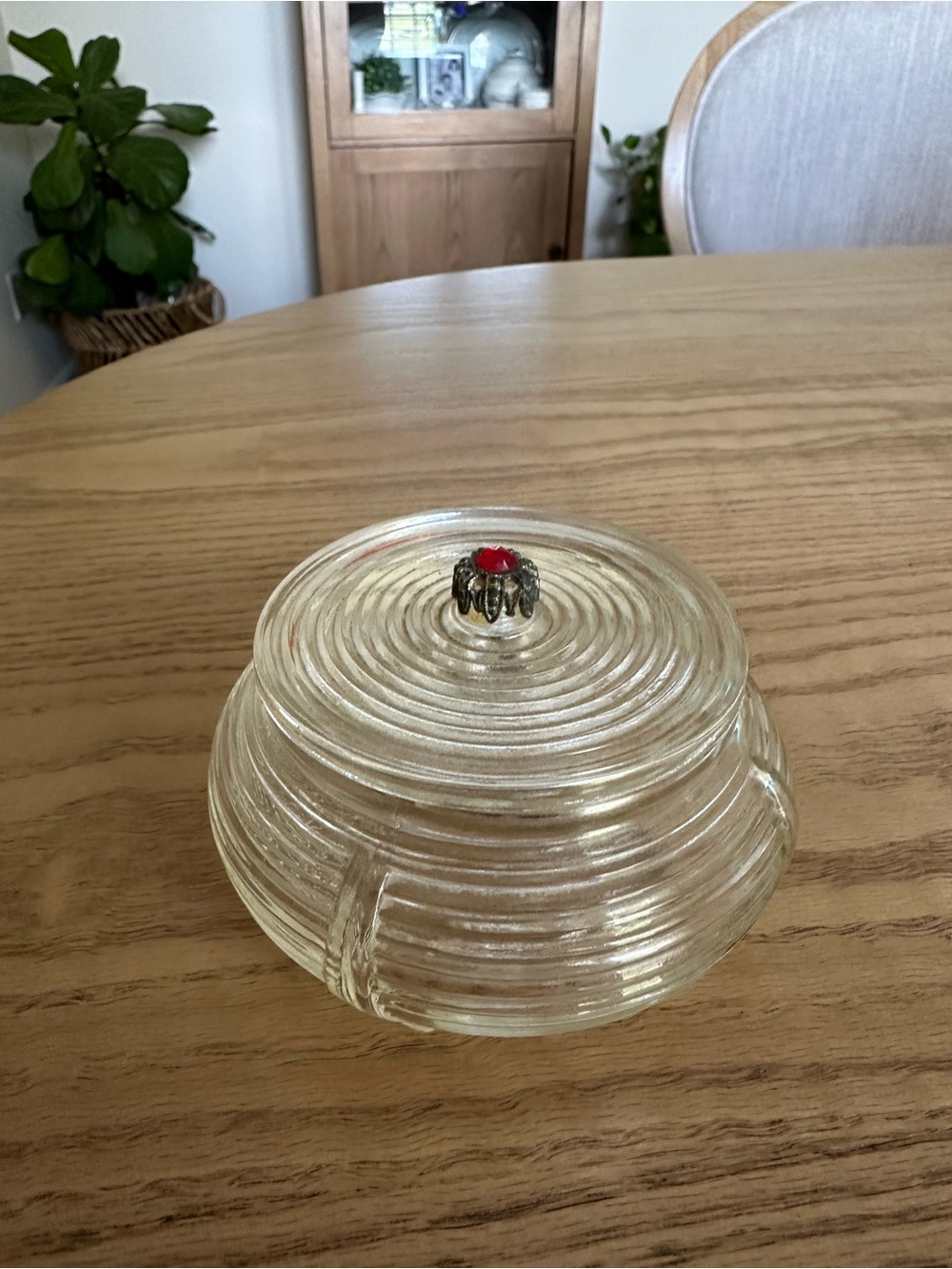 Vintage Powder Jar Clear Ribbed Glass Trinket Dish w/ Red Jewel Knob Art Deco